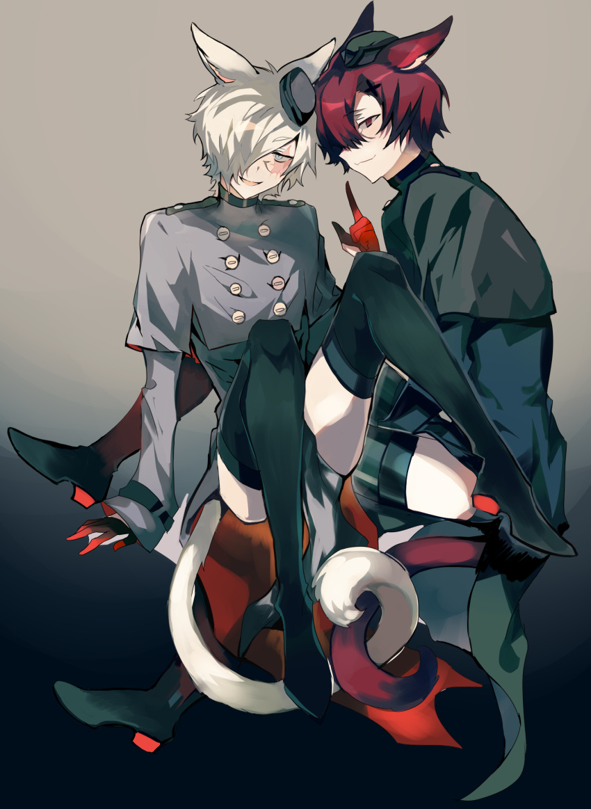 2boys animal_ears bishounen black_gloves black_thighhighs blush boots cat_boy cat_ears cat_tail crossdressing final_fantasy final_fantasy_xiv full_body gloves gradient_background grey_background grey_eyes grey_hair hair_over_one_eye hat highres intertwined_tails knees_up looking_at_viewer male_focus mini_hat miqo'te multiple_boys otoko_no_ko ptptprpr red_eyes red_hair scar scar_on_face shiny_clothes short_hair sitting slit_pupils smile tail thigh_boots thighhighs thighhighs_under_boots warrior_of_light_(ff14) yaoi