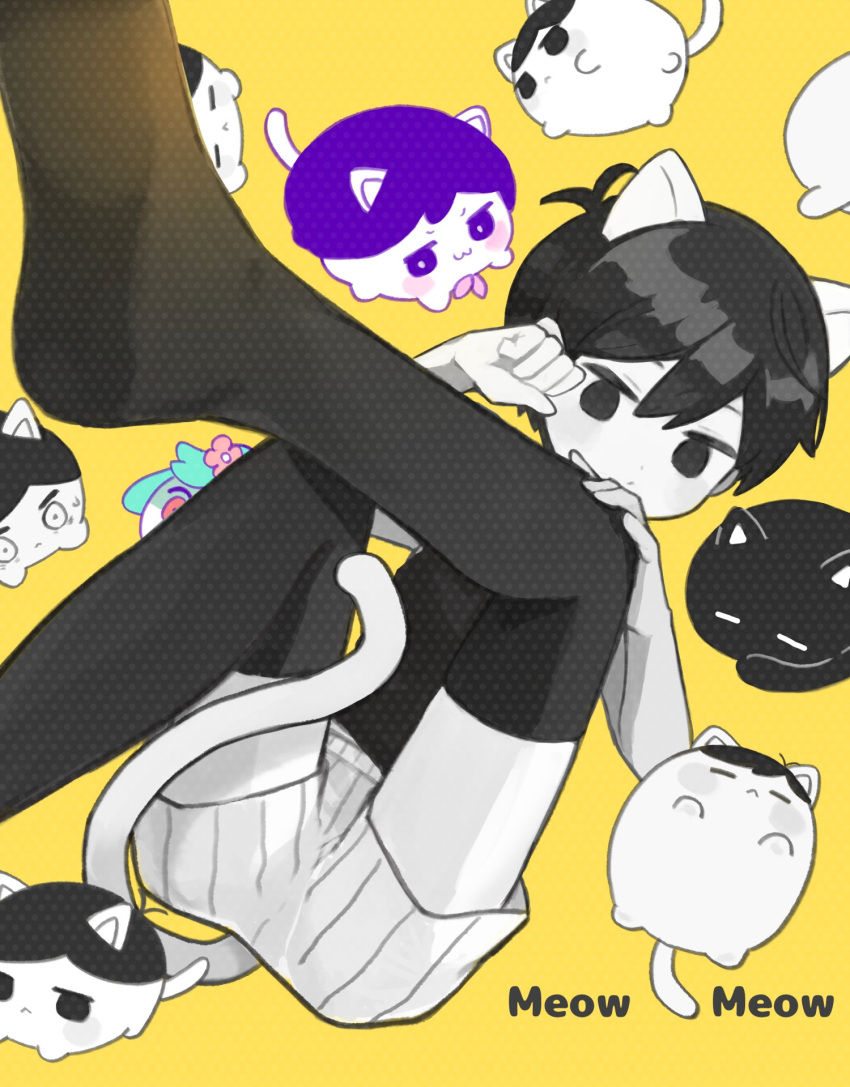 1boy animal_ears basil_(headspace)_(omori) basil_(omori) black_eyes black_hair black_thighhighs cat cat_boy cat_ears cat_tail cb_ge000 colored_skin expressionless highres looking_at_viewer mari_(faraway)_(omori) mari_(omori) omori omori_(omori) shorts tail thighhighs white_skin