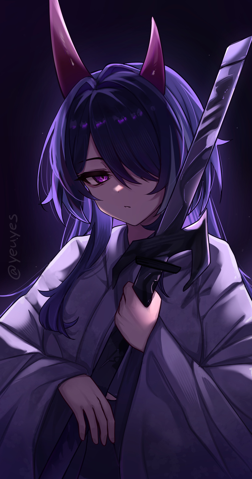 1girl absurdres acheron_(honkai:_star_rail) asymmetrical_horns commentary_request hair_over_one_eye highres holding holding_sword holding_weapon honkai:_star_rail honkai_(series) horns katana long_hair looking_at_viewer parted_lips purple_eyes purple_hair robe scabbard sheath sheathed solo sword upper_body very_long_hair weapon yeuyes