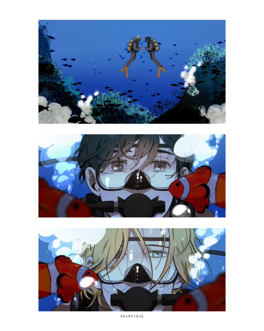 2boys air_bubble ash_lynx banana_fish blonde_hair brown_eyes brown_hair bubble clownfish coral coral_reef diving diving_suit eye_contact fish full_body goggles grey_eyes highres holding_hands looking_at_another male_focus multiple_boys naruysae okumura_eiji scuba_tank short_hair signature underwear yaoi