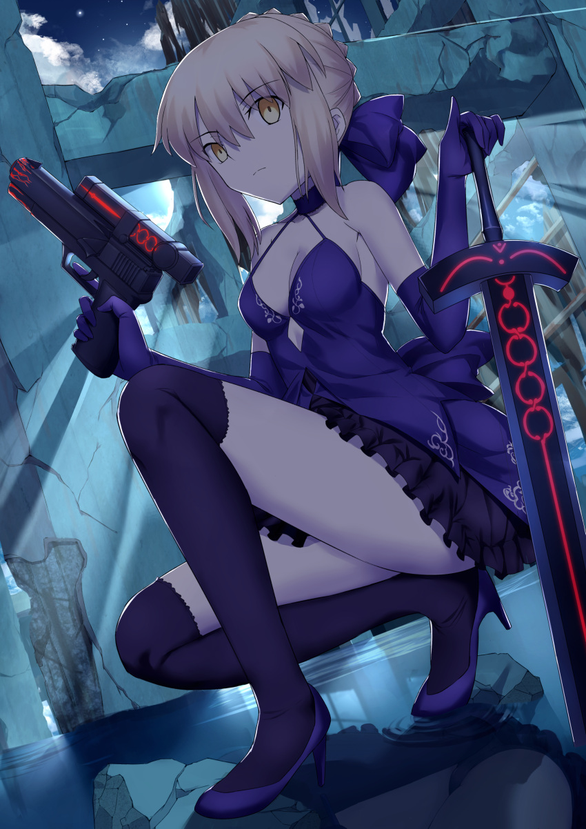 1girl a-senmei absurdres artoria_pendragon_(fate) bare_shoulders black_skirt black_thighhighs blonde_hair bow breasts cleavage closed_mouth collarbone commentary dress dutch_angle elbow_gloves fate_(series) frilled_skirt frills full_body gloves gun hair_between_eyes hair_bow handgun high_heels highres holding holding_gun holding_sword holding_weapon light_rays looking_at_viewer looking_to_the_side medium_breasts miniskirt outdoors over-kneehighs planted planted_sword purple_bow purple_dress purple_footwear purple_gloves ruins saber_alter skirt sleeveless sleeveless_dress solo squatting sword thighhighs water weapon yellow_eyes