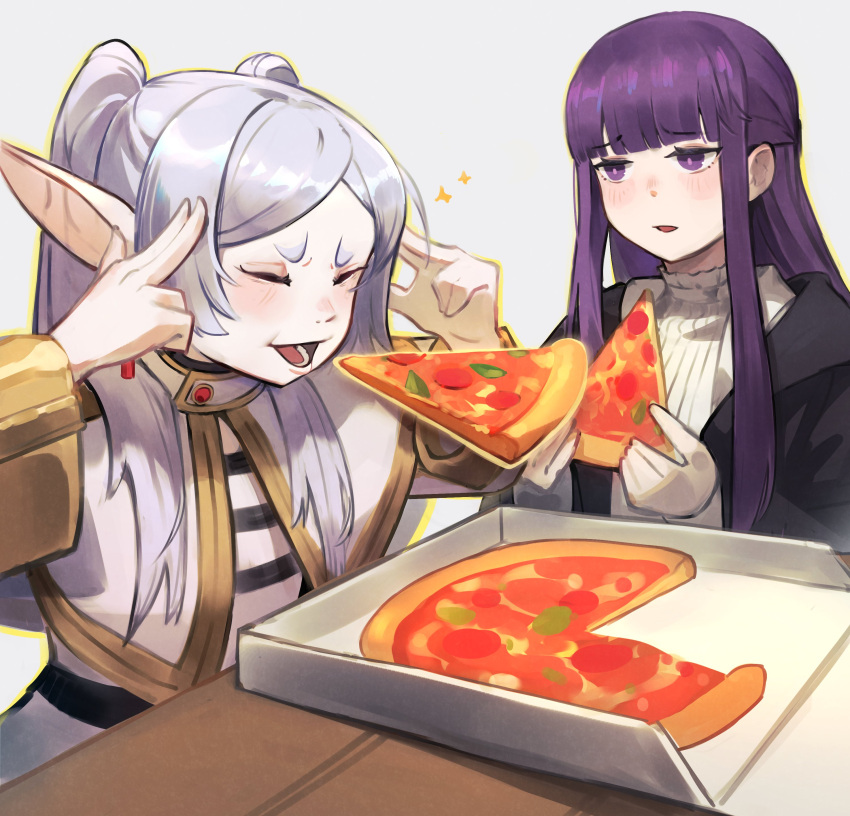 2girls absurdres black_coat blunt_bangs blush capelet closed_eyes coat commentary concentrating dress elf fern_(sousou_no_frieren) fingers_to_head floating food frieren hands_up highres levitation long_hair long_pointy_ears long_sleeves looking_at_another man_levitating_pizza_(meme) meme mrstomachache multiple_girls open_mouth parted_bangs pizza pizza_box pizza_slice pointy_ears purple_eyes purple_hair sidelocks simple_background sousou_no_frieren straight_hair table telekinesis twintails upper_body white_background white_capelet white_dress white_hair