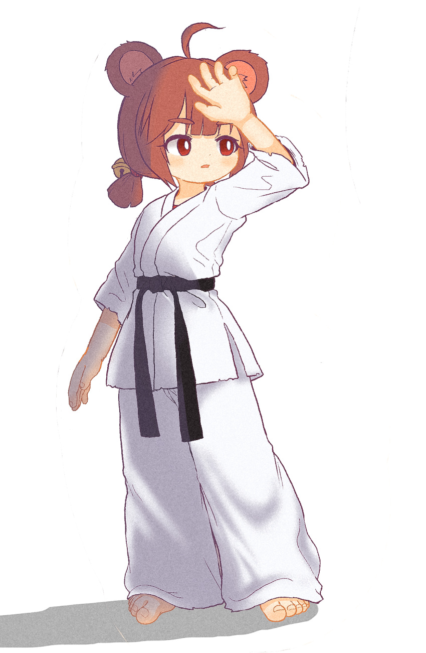 1girl ahoge animal_ears arm_up barefoot bear_ears belt black_belt brown_hair commentary_request dougi full_body highres kuma-bound low_twintails martial_arts_belt medium_hair open_mouth original red_eyes short_twintails simple_background solo standing toes twintails white_background