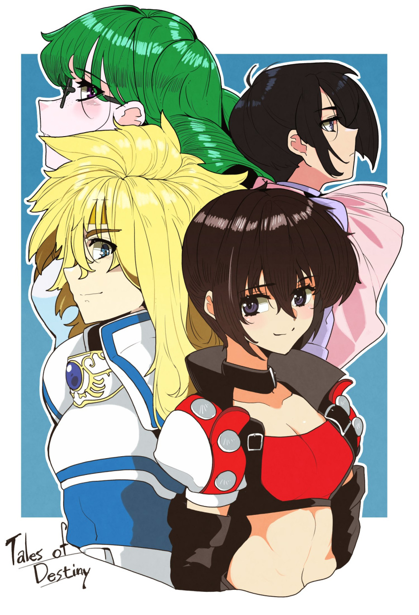 2boys 2girls armor black_hair blonde_hair blue_eyes cape crop_top glasses green_hair highres leon_magnus long_hair looking_at_viewer looking_to_the_side multiple_boys multiple_girls muu_(d-muu) philia_felice profile rutee_katrea short_hair smile stahn_aileron tales_of_(series) tales_of_destiny upper_body