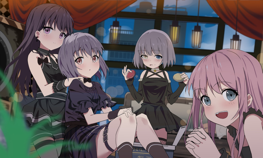 4girls absurdres bang_dream! bang_dream!_it's_mygo!!!!! bare_arms black_bow black_bowtie black_dress black_socks black_thighhighs blue_eyes blurry blurry_foreground blush bow bowtie brown_eyes building ceiling_light character_request check_character chihaya_anon closed_mouth commentary curtains dress earrings fang food food_on_face hand_on_another's_shoulder heterochromia highres holding holding_food indoors jewelry kaname_raana licking_lips looking_at_viewer macaron multiple_girls open_mouth own_hands_together parted_lips pink_hair purple_dress purple_eyes purple_hair shiina_taki sitting sleeveless sleeveless_dress sleeves_past_wrists smile socks soha_(sirohase) takamatsu_tomori thigh_strap thighhighs tongue tongue_out window wristband yellow_eyes