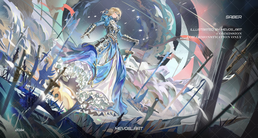 1girl armor armored_dress artist_name artoria_pendragon_(fate) battlefield blonde_hair commission excalibur_(fate/stay_night) fate/stay_night fate_(series) faulds field_of_blades gauntlets grass hair_bun hands_on_hilt highres long_skirt mevos multiple_weapons planted planted_sword saber_(fate) sidelocks skirt solo sword weapon