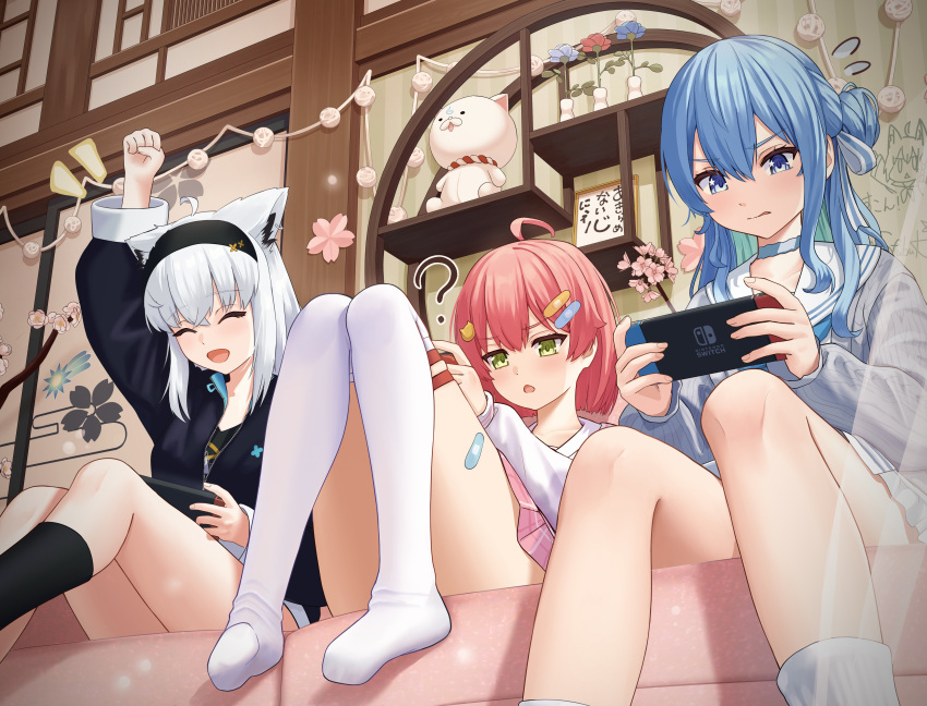 3girls ? absurdres ahoge animal_ear_fluff animal_ears aqua_hair arm_up asakura_(asa_t77) bandaid_on_thigh black_hairband black_jacket black_socks blue_choker blue_hair choker closed_eyes colored_inner_hair couch crossed_bangs eyelashes feet_out_of_frame fox_ears fox_girl green_eyes grey_hair hair_between_eyes hair_ornament hairband handheld_game_console highres holding holding_handheld_game_console hololive hoshimachi_suisei hoshimachi_suisei_(school_uniform) indoors jacket knees_together_feet_apart knees_up legs long_hair long_sleeves looking_down medium_hair multicolored_hair multiple_girls nintendo_switch no_shoes official_alternate_costume on_couch one_side_up open_mouth over-kneehighs partially_unzipped pink_skirt plaid plaid_skirt playing_games pleated_skirt ribbed_socks sailor_collar sakura_miko sakura_miko_(school_uniform) shirakami_fubuki shirakami_fubuki_(loungewear) shouji sidelocks sitting skirt sliding_doors socks star_(symbol) star_in_eye symbol_in_eye thighhighs thighs virtual_youtuber white_skirt white_socks