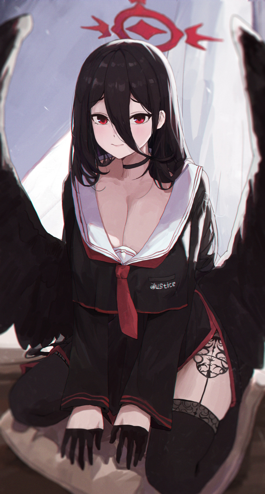 1girl absurdres black_choker black_garter_straps black_gloves black_hair black_serafuku black_thighhighs black_wings blue_archive blush breasts choker cleavage feathered_wings garter_straps gloves half_gloves halo hasumi_(blue_archive) highres huge_breasts jianjia kneeling long_hair_between_eyes looking_at_viewer no_mole red_eyes school_uniform serafuku smile solo thighhighs wings