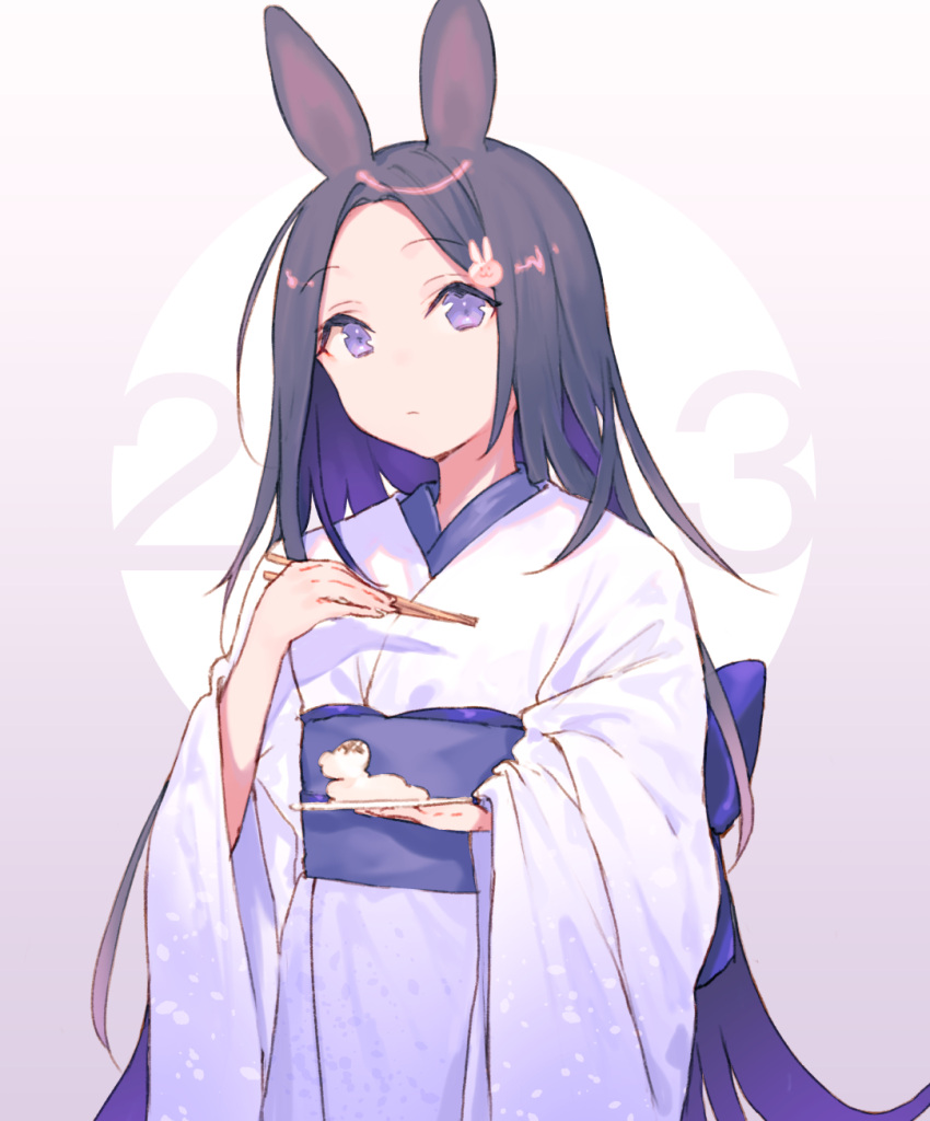 1girl 2023 animal_ears bad_id bad_pixiv_id black_hair blue_sash chinese_zodiac chopsticks closed_mouth expressionless fifuth food forehead gradient_background hair_ornament highres holding holding_chopsticks holding_plate japanese_clothes kimono long_hair long_sleeves looking_at_viewer obi original parted_bangs pink_background plate purple_eyes purple_hair rabbit_ears rabbit_hair_ornament sash simple_background solo very_long_hair white_background white_kimono wide_sleeves