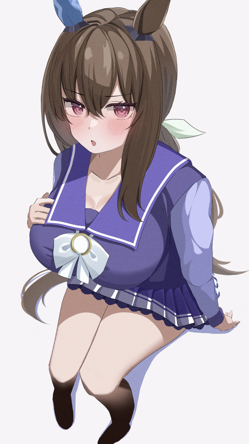1girl absurdres admire_vega_(umamusume) animal_ears bow breasts brown_hair cleavage commentary_request ear_covers hair_between_eyes hand_on_own_chest highres horse_ears horse_girl horse_tail large_breasts long_hair long_sleeves looking_at_viewer low_ponytail nanami_haru ponytail purple_shirt red_eyes sailor_collar school_uniform shirt single_ear_cover sitting skirt solo tail tracen_school_uniform umamusume white_bow