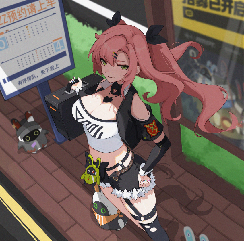 1girl absurdres bangboo_(zenless_zone_zero) black_ribbon black_shorts breasts cleavage crop_top cutoffs green_eyes hair_ornament hair_ribbon hairclip highres kazezeze large_breasts long_hair looking_at_viewer mole mole_on_breast mole_under_eye nicole_demara pink_hair ribbon shorts single_thighhigh strapless thighhighs tube_top two_side_up zenless_zone_zero