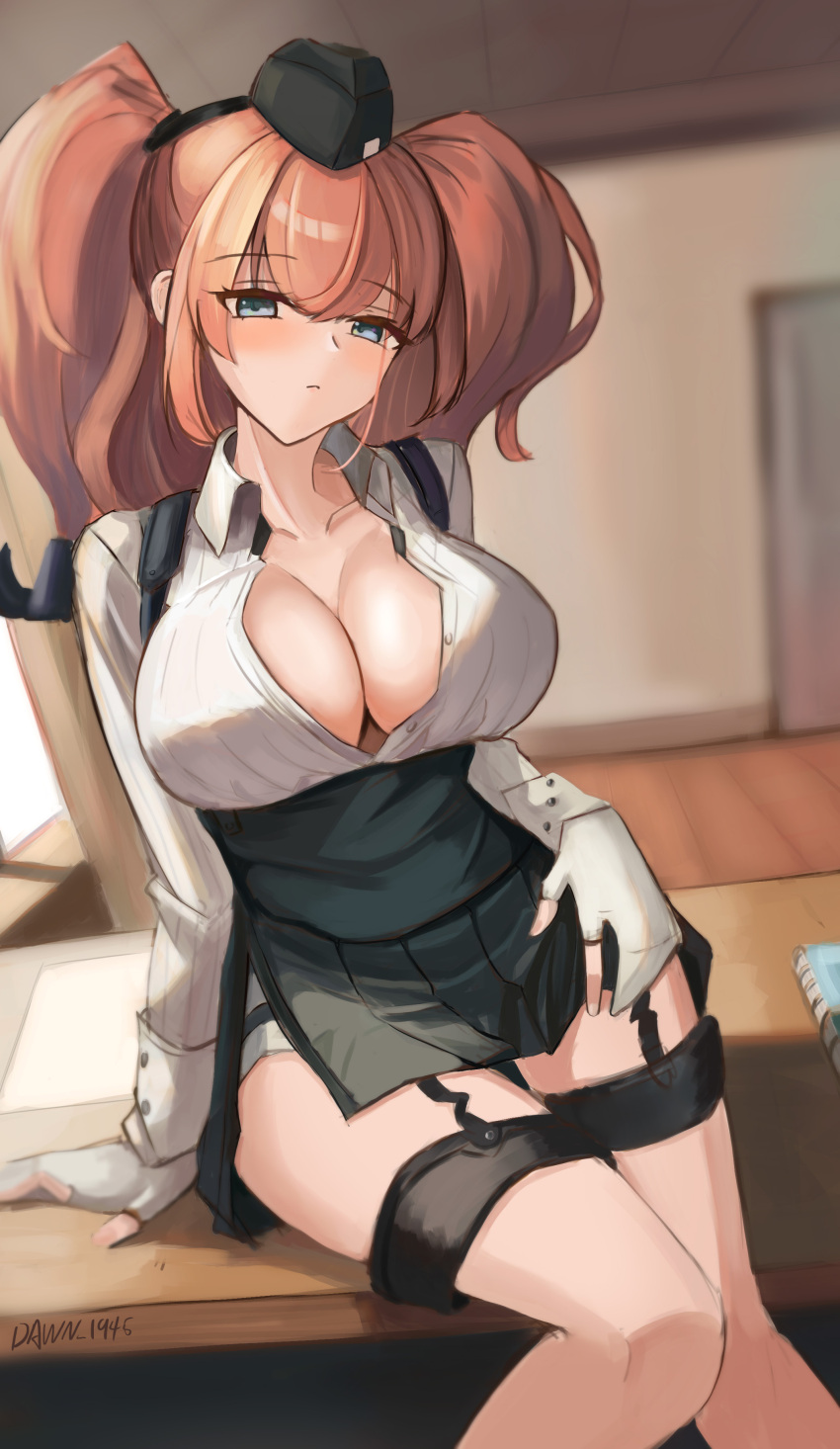 1girl absurdres anchor_hair_ornament atlanta_(kancolle) black_hat black_skirt blush breasts brown_hair dawn_1945 desk dress_shirt earrings garrison_cap gloves grey_eyes hair_ornament hat high-waist_skirt highres indoors jewelry kantai_collection large_breasts long_hair long_sleeves on_desk open_clothes open_shirt partially_fingerless_gloves shirt single_earring sitting skirt solo star_(symbol) star_earrings suspender_skirt suspenders two_side_up white_shirt