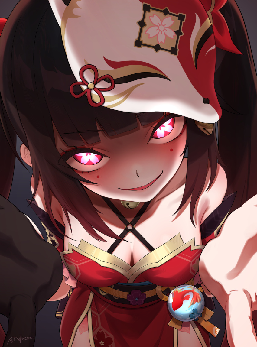 1girl bare_shoulders bell black_gloves blunt_bangs bow breasts brown_hair butterfly-shaped_pupils commentary_request criss-cross_halter dress evil_smile facial_mark fox_mask gloves hair_bow halterneck highres honkai:_star_rail honkai_(series) long_hair looking_at_viewer mask mask_on_head medium_breasts neck_bell o-ring open_mouth pink_eyes pov reaching reaching_towards_viewer red_dress shaded_face single_glove sleeveless sleeveless_dress smile solo sparkle_(honkai:_star_rail) symbol-shaped_pupils toro_(6636) twintails twitter_username