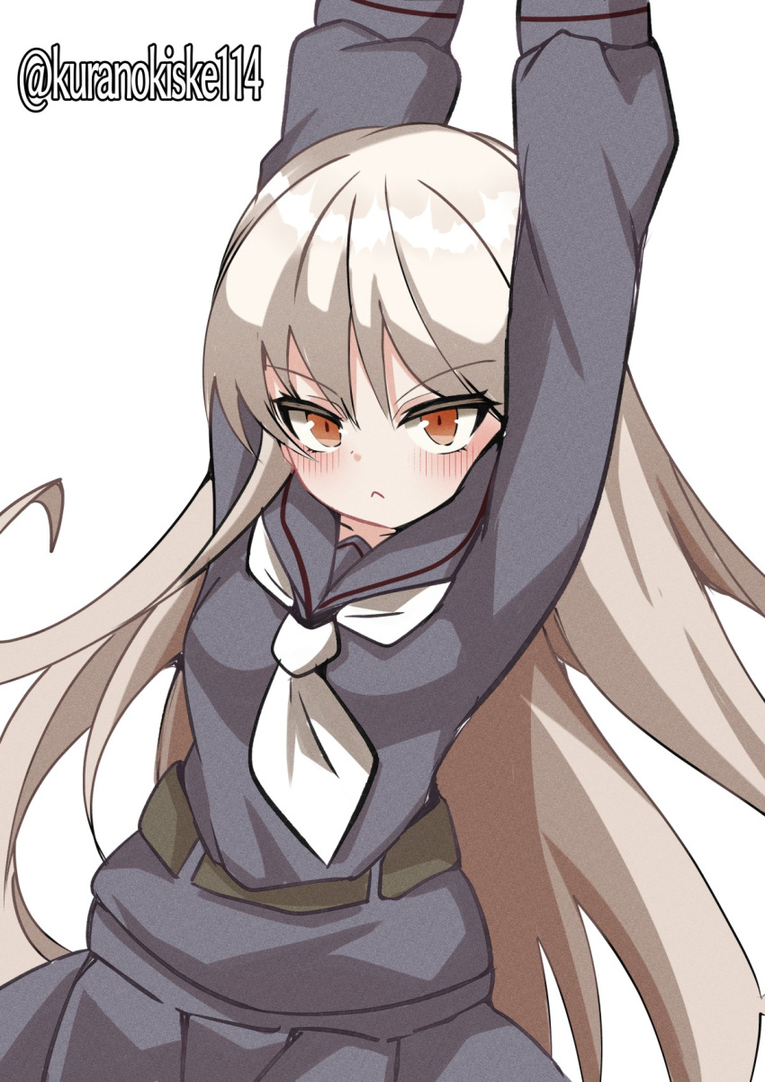 1girl arms_up black_sailor_collar black_serafuku black_shirt black_skirt brown_eyes grey_hair highres kantai_collection kikuzuki_(kancolle) kurano_kisuke long_hair looking_at_viewer neckerchief one-hour_drawing_challenge pleated_skirt sailor_collar school_uniform serafuku shirt simple_background skirt solo stretching twitter_username white_background white_neckerchief