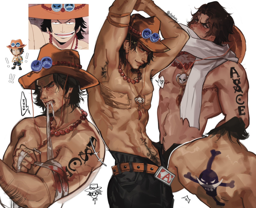 ! !! 1boy applying_bandages armpit_hair arms_up back back_tattoo bandaged_arm bandages bead_necklace beads belt biceps black_hair black_pants blood blood_on_arm blood_on_bandages charluiu chest_binder clenched_teeth fedora freckles from_behind hat hat_ornament highres holding_bandages jewelry jolly_roger male_focus male_pubic_hair medium_hair mouth_hold multiple_views muscular muscular_male necklace one_piece open_fly orange_belt orange_hat pants pectorals portgas_d._ace pubic_hair reference_photo scarf shoulder_tattoo simple_background tattoo teeth topless_male upper_body white_background white_scarf whitebeard_pirates_jolly_roger