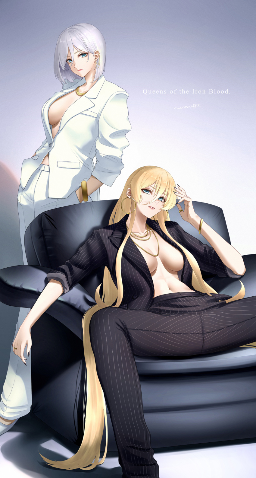 2girls absurdly_long_hair alternate_costume azur_lane bismarck_(azur_lane) black_jacket black_nails black_pants black_suit blonde_hair blue_eyes breasts chair collared_jacket english_commentary formal gold hair_between_eyes hands_in_pockets highres jacket long_hair long_sleeves looking_at_viewer medium_breasts medium_hair multiple_girls nail_polish necomilk pants spread_legs standing suit suit_jacket tirpitz_(azur_lane) very_long_hair white_hair white_jacket white_pants white_suit