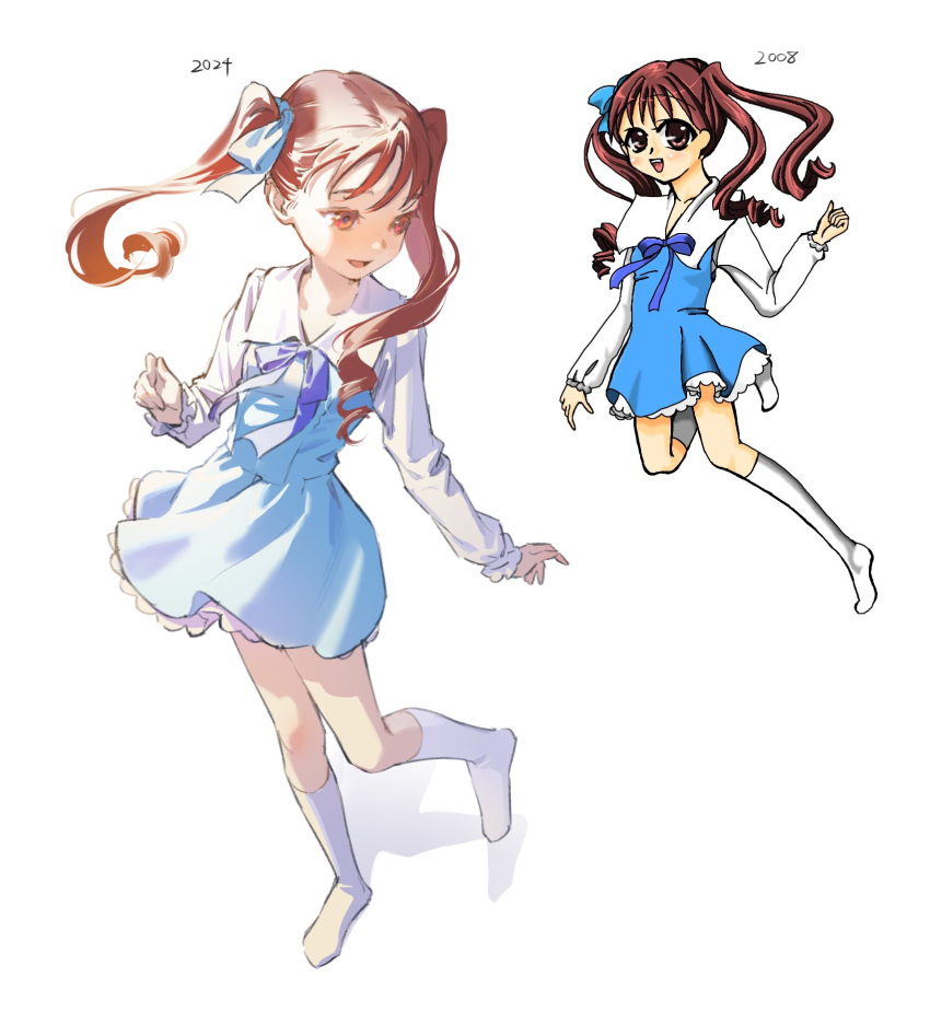 1girl artist_progress blue_dress blue_ribbon brown_eyes brown_hair dress full_body highres kneehighs long_hair multiple_views neck_ribbon original ribbon sailor_dress simple_background smile socks tunapon01 twintails white_background white_socks