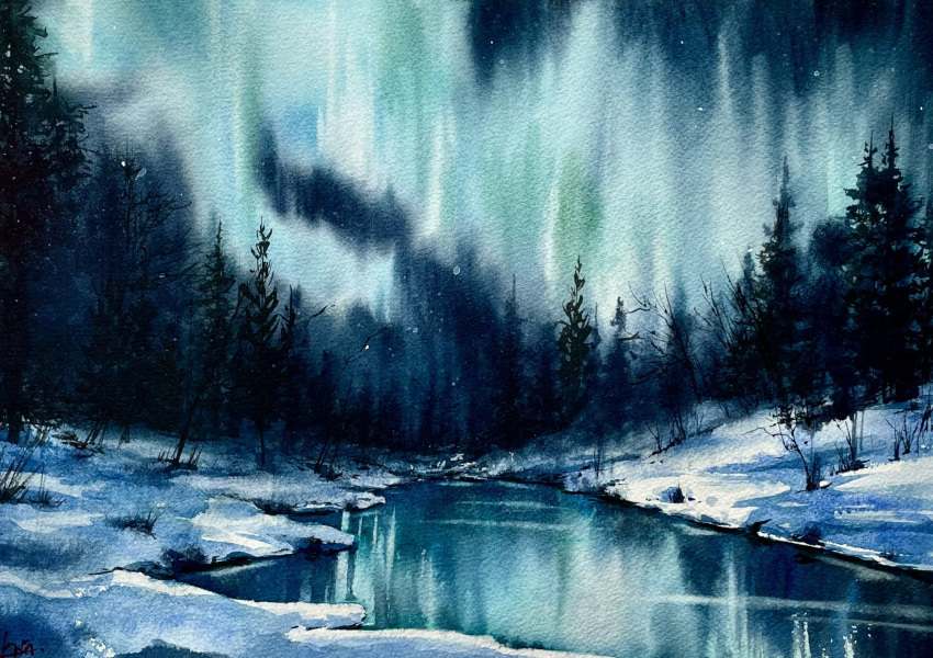 aurora bamboo bamboo_forest blue_sky cloud cloudy_sky forest highres nature night night_sky no_humans original painting_(medium) pine_tree river riverbank shibakaka sky snow star_(sky) starry_sky traditional_media tree watercolor_(medium)