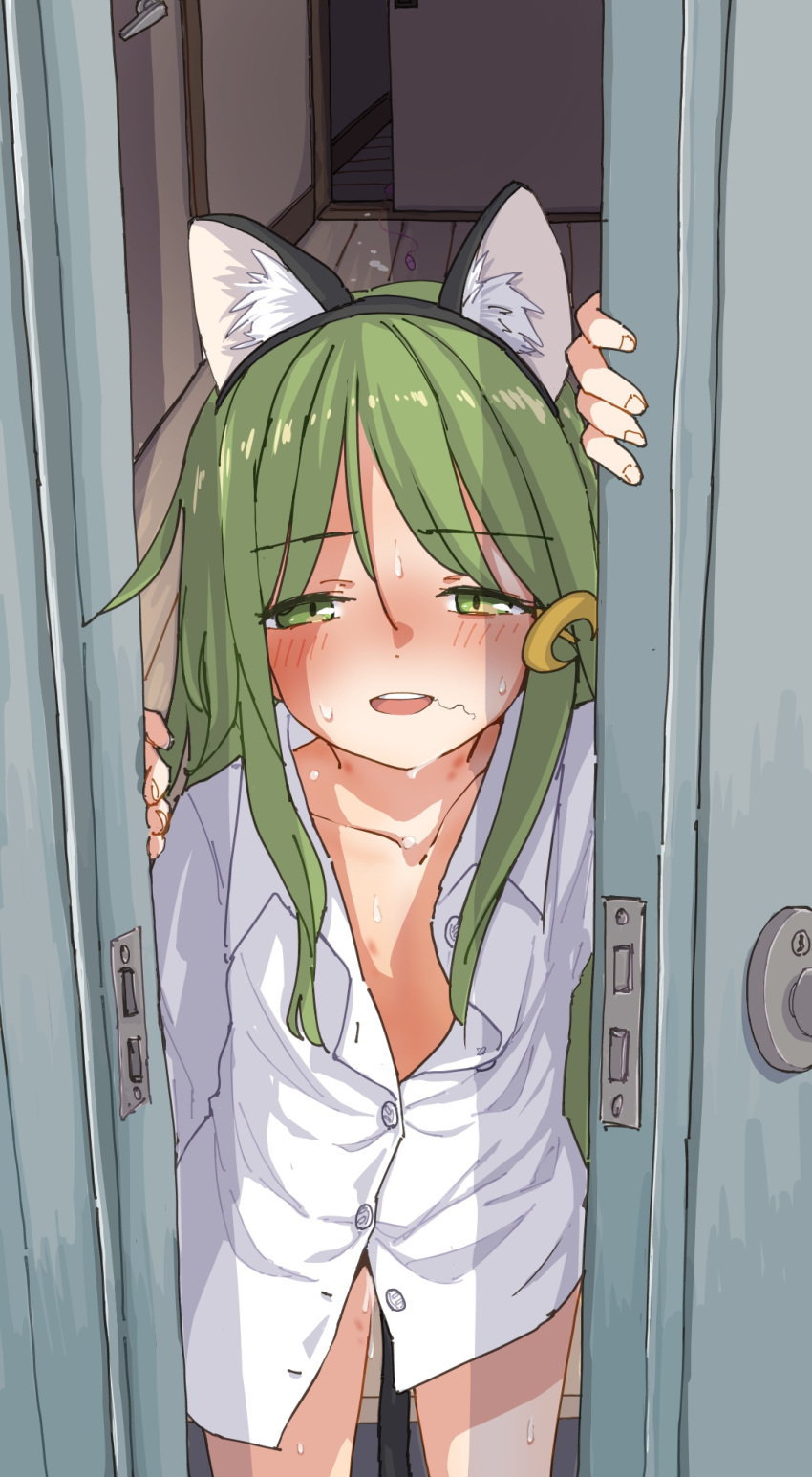 1girl animal_ear_fluff animal_ears crescent crescent_hair_ornament fake_animal_ears green_eyes green_hair hair_ornament highres implied_sex kantai_collection long_hair nagatsuki_(kancolle) open_clothes open_mouth open_shirt po0000000000 pussy_juice shirt sweat teeth upper_teeth_only white_shirt