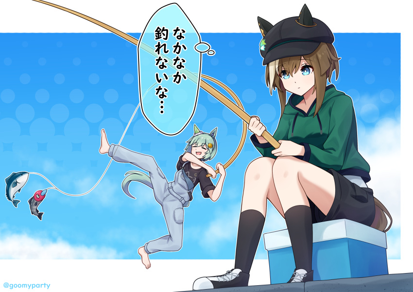 2girls :d absurdres animal_ears barefoot black_footwear black_hat black_shirt black_shorts black_socks blue_eyes brown_hair cabbie_hat cheval_grand_(umamusume) closed_eyes closed_mouth drawstring ears_through_headwear fishing_line fishing_rod flower goom_(goomyparty) green_hoodie grey_hair hair_between_eyes hair_flower hair_ornament hat highres holding holding_fishing_rod hood hood_down hoodie horse_ears horse_girl horse_tail long_sleeves multicolored_hair multiple_girls overalls seiun_sky_(umamusume) shirt shoes short_sleeves shorts sitting smile socks streaked_hair tail translation_request umamusume white_hair yellow_flower