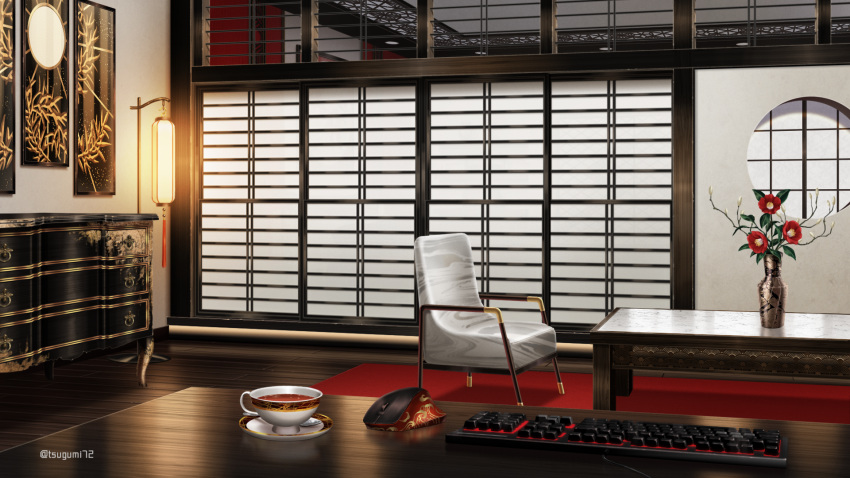 architecture azuma_hatori camellia ceiling_light chair cup drawer east_asian_architecture flower highres indoors keyboard_(computer) lantern marble_(stone) mouse_(computer) nijisanji nijisanji_en no_humans official_art painting_(object) red_flower round_window rug saucer scenery sheath sheathed shouji sliding_doors table tea teacup twitter_username vase vox_akuma window wooden_floor wooden_table