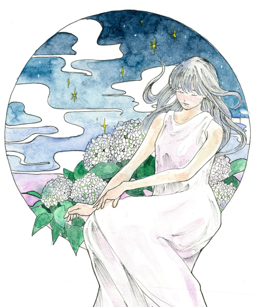 1girl closed_eyes dress expressionless flower grey_hair highres hydrangea kaarii7686 leaf long_hair original sleeveless sleeveless_dress solo white_dress white_flower