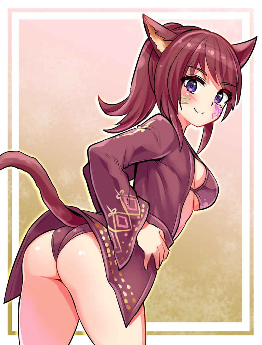 1girl animal_ears ass bikini bikini_under_clothes breasts brown_bikini brown_hair brown_shirt cat_ears cat_girl cat_tail commission cougar_(cougar1404) facial_mark final_fantasy final_fantasy_xiv from_behind hands_on_own_hips highres leaning_forward long_hair looking_back miqo'te no_pants open_clothes open_shirt ponytail purple_eyes shirt sideboob skeb_commission smile solo swimsuit tail thighs