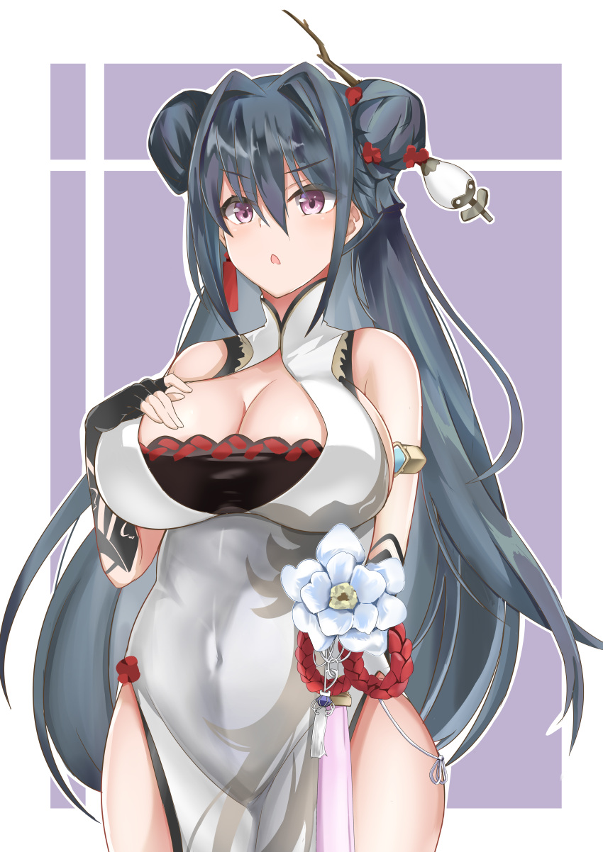 1girl absurdres alchemy_stars black_gloves black_hair black_leotard breasts china_dress chinese_clothes cleavage covered_navel double_bun dress feet_out_of_frame flower_ornament gloves hair_between_eyes hair_bun hair_ornament highres large_breasts leotard long_bangs long_hair looking_ahead namomihagi010 open_mouth partially_fingerless_gloves purple_eyes simple_background solo turtleneck yao_(alchemy_stars)