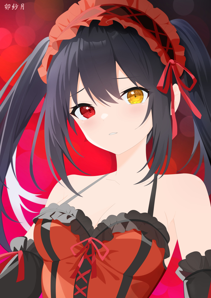 1girl absurdres artist_name bare_shoulders black_hair blurry blurry_background blush bokeh breasts cleavage clock clock_eyes date_a_live date_a_live:_date_a_bullet depth_of_field detached_sleeves dress gothic_lolita hairband heterochromia highres lolita_fashion lolita_hairband long_hair looking_at_viewer medium_breasts red_eyes ribbon roman_numeral smile solo symbol-shaped_pupils tare4232 tokisaki_kurumi twintails uneven_twintails upper_body watermark yellow_eyes