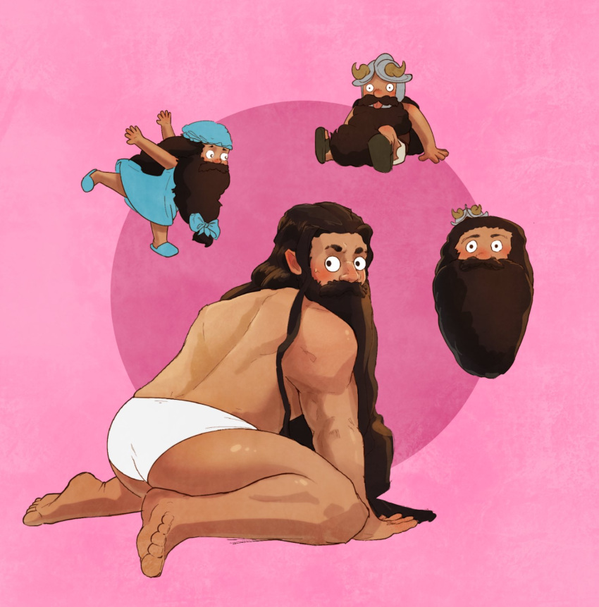 1boy ass bara beard beard_bow blank_stare blush briefs brown_hair collage cropped_head dane_(lunorevo) dark-skinned_male dark_skin deformed dungeon_meshi dwarf facial_hair fake_horns full_body helmet highres horned_helmet horns kneeling long_beard looking_ahead looking_back male_focus male_underwear pink_background sanpaku senshi_(dungeon_meshi) sitting tareme thick_mustache toned toned_male underwear very_long_beard