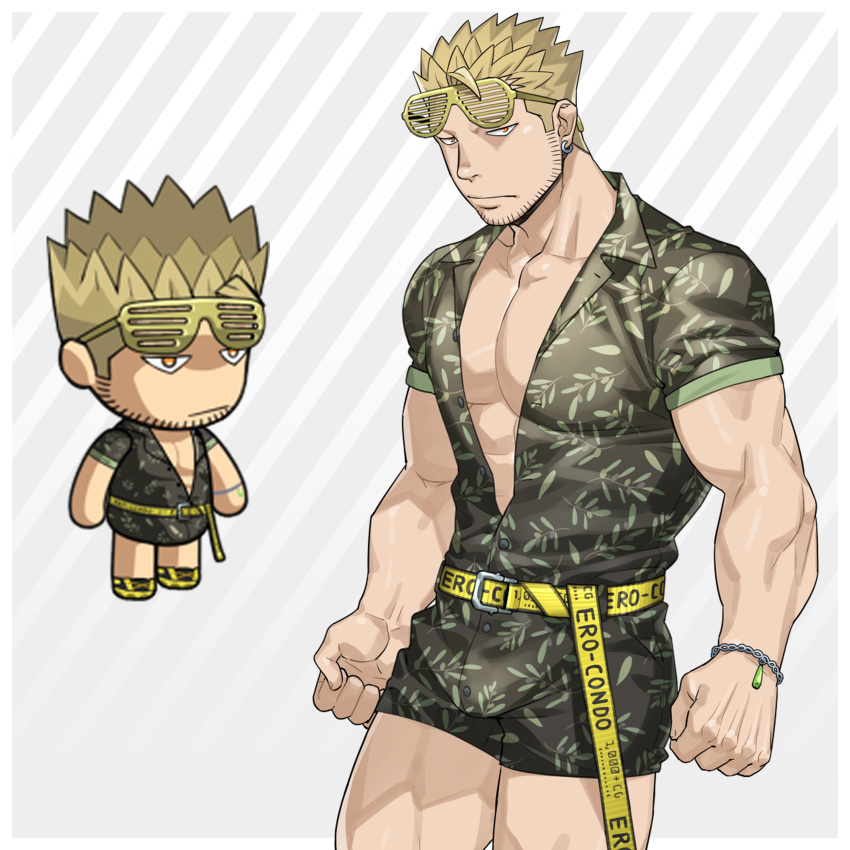 1boy absurdres bara beard_stubble belt bracelet bulge character_request chibi cowboy_shot earrings ero_condo facial_hair frown highres jewelry kienbiu large_pectorals looking_at_viewer male_focus muscular muscular_male official_alternate_costume paid_reward_available pectoral_cleavage pectorals short_hair sideburns solo spiked_hair standing stubble sunglasses thighs tsurime
