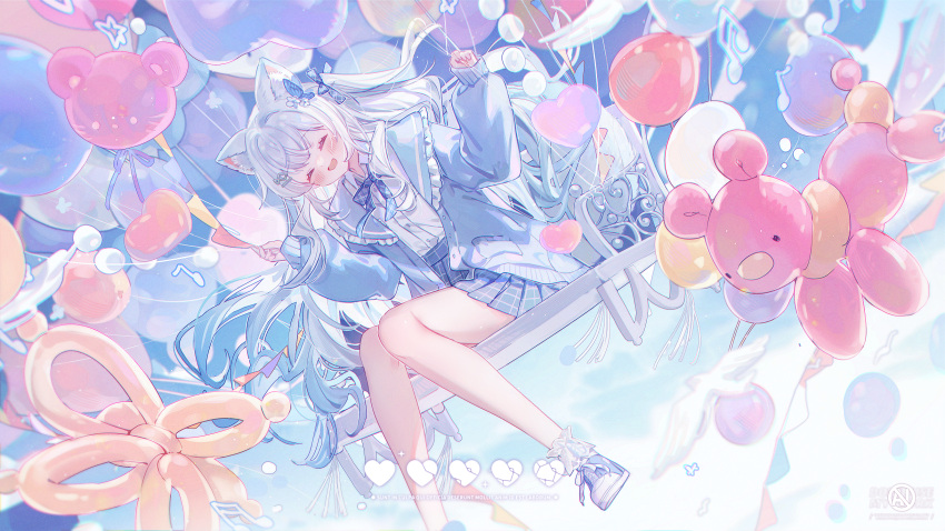 1girl animal_ears balloon balloon_animal bench blue_jacket blue_skirt blush broken_heart butterfly_hair_ornament cat_ears closed_eyes collared_shirt commission grey_hair hair_ornament head_tilt heart heart_balloon highres holding holding_balloon jacket long_hair long_sleeves midair original shirt sitting skirt solo translation_request umehara_sei variant_set very_long_hair white_shirt