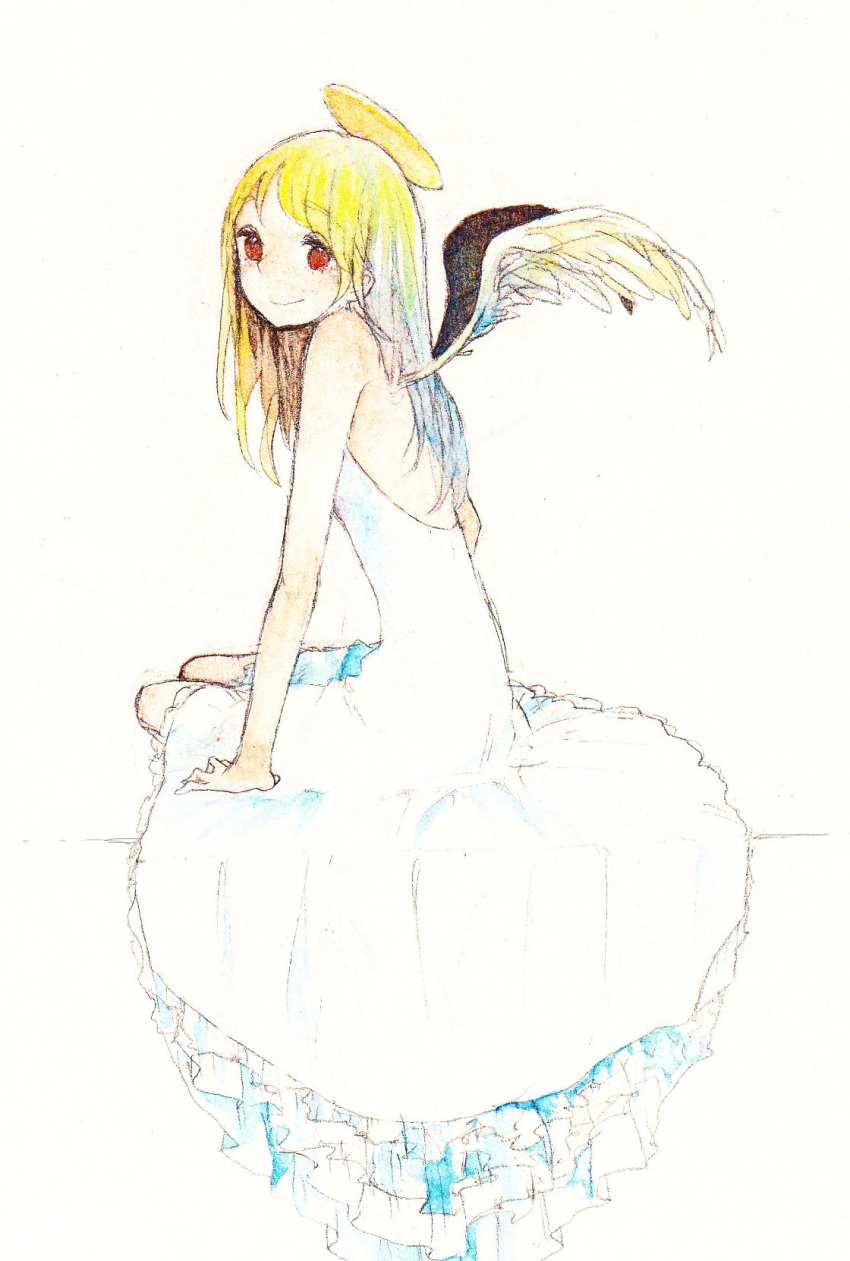 1girl angel angel_wings arm_support backless_dress backless_outfit bare_arms bare_shoulders blonde_hair blue_hair closed_mouth colored_pencil_(medium) dress frilled_dress frills full_body halo highres long_hair looking_at_viewer multicolored_hair original red_eyes shizumi_(saluck) simple_background sitting smile solo traditional_media two-tone_hair white_dress wings yokozuwari