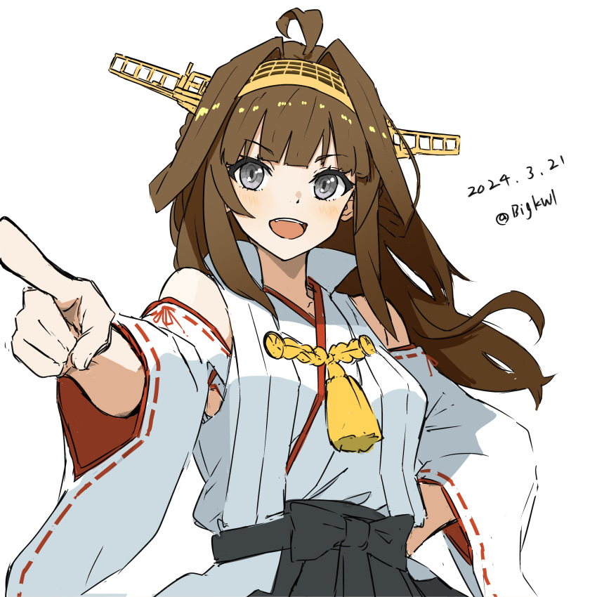 1girl absurdres ahoge bigkwl brown_hair dated detached_sleeves double_bun gold_hairband grey_eyes hair_bun hairband hand_on_own_hip headgear highres kantai_collection kongou_(kancolle) kongou_kai_ni_(kancolle) long_hair nontraditional_miko one-hour_drawing_challenge open_mouth pointing popped_collar ribbon-trimmed_sleeves ribbon_trim smile solo twitter_username