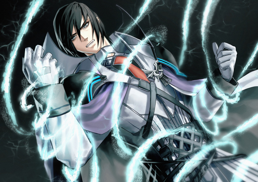 1boy absurdres black_background black_hair cape cid_raines emo37337640 english_commentary final_fantasy final_fantasy_xiii gloves grey_eyes highres long_sleeves magic male_focus shoulder_pads simple_background solo teeth upper_body