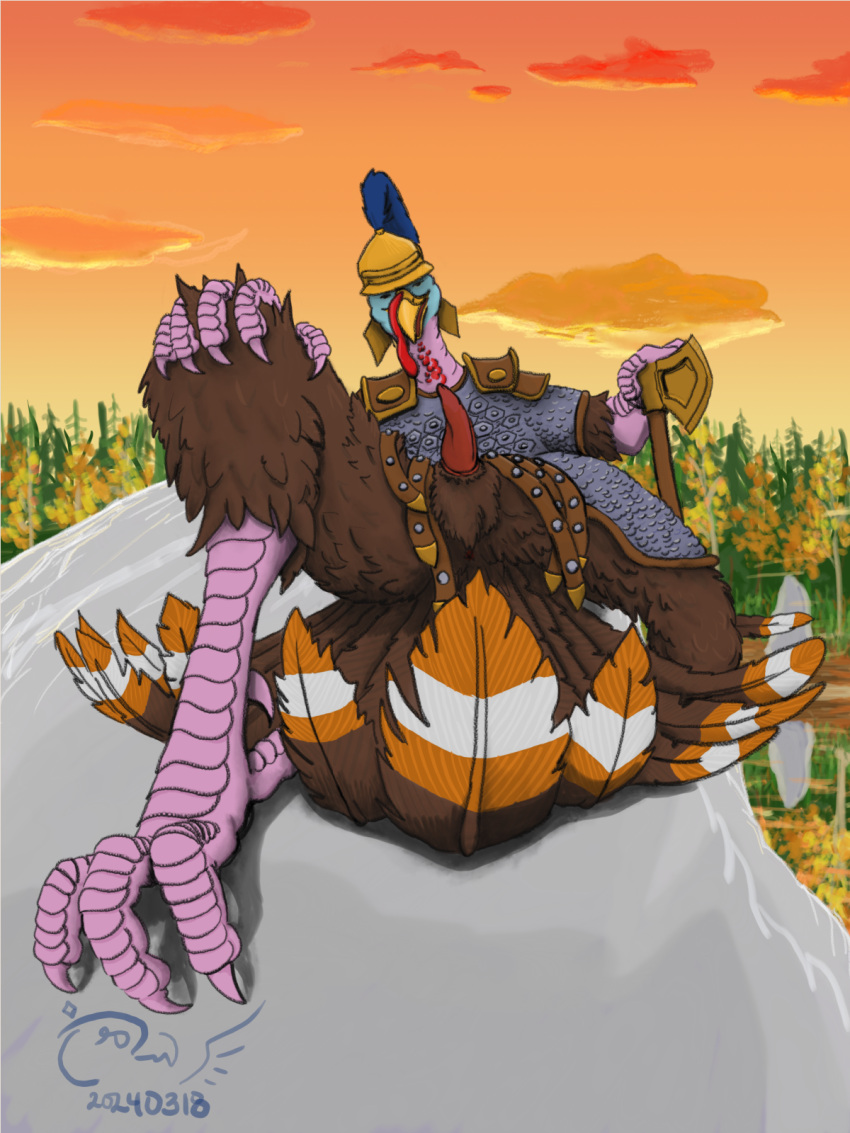 2024 armor autumn avian axe beak bird brown_body brown_feathers cloud digital_media_(artwork) erection feathers feet forest galliform genitals hand_on_knee hand_on_leg hand_on_weapon headgear helmet hi_res male outside pauldron penis phasianid pink_body pink_scales plant raised_hackles reclining reflection rock scales scutes shabnack_(artist) signature snood solo sunset tail tail_feathers talons toes tree tumeruk_(shabnack) turkey