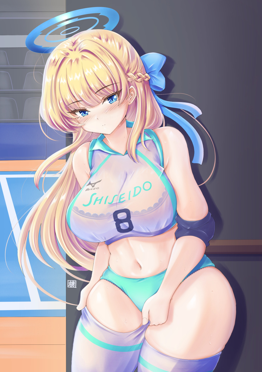 1girl absurdres aqua_buruma black_bra blonde_hair blue_archive blue_eyes blunt_bangs blush bra bra_visible_through_clothes braid breasts buruma cleavage elbow_pads gym gym_uniform hair_ribbon halo highres indoors large_breasts long_hair looking_at_viewer mechanical_halo navel panties_under_buruma ribbon see-through shirt sidelocks solo sportswear standing thighhighs toki_(blue_archive) tong_shui underwear volleyball_uniform wet wet_clothes wet_shirt white_background white_shirt