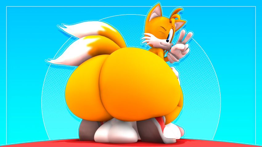 2022 2_tails 3d_(artwork) anthro balls bent_over big_balls big_butt big_penis black_nose blue_background blue_eyes butt canid canine clenched_teeth clothing colored digital_media_(artwork) dipstick_tail footwear fox genitals gesture glans gloves hair hand_gesture handwear hi_res huge_balls huge_butt huge_penis looking_at_viewer looking_back looking_back_at_viewer male mammal markings miles_prower multi_tail not_person420 one_eye_closed orange_body orange_ears orange_hair orange_tail penis pink_glans rear_view red_clothing red_footwear red_shoes sega shaded shoes simple_background smile solo sonic_the_hedgehog_(series) source_filmmaker tail tail_markings teeth teeth_showing v_sign white_balls white_clothing white_gloves white_handwear white_inner_ear white_penis white_tail_tip wink winking_at_viewer