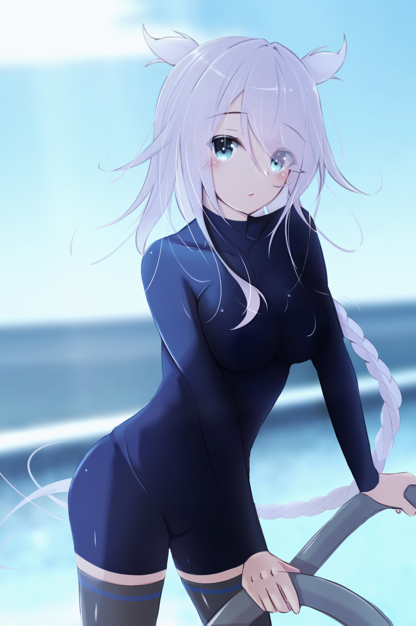 1girl absurdres alternate_costume black_thighhighs blue_eyes blue_one-piece_swimsuit blue_wetsuit bodysuit braid breasts climbing_ladder collarbone covered_collarbone covered_navel diving_suit glasses highres holding_ladder honma_(honmatomohiro) kantai_collection ladder light_blush long_braid long_sleeves looking_at_viewer medium_breasts medium_hair on_ladder one-piece_swimsuit open_mouth parted_lips pool_ladder single_horizontal_stripe skin_tight solo springsuit striped_clothes striped_thighhighs swimsuit thighhighs thighs turtleneck umikaze_(kancolle) wetsuit white_hair