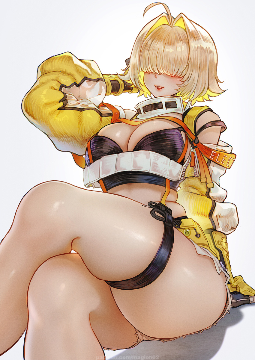 1girl ahoge blonde_hair blush breasts elegg_(nikke) goddess_of_victory:_nikke hair_intakes hair_over_eyes highres large_breasts long_bangs long_sleeves magion02 open_mouth plump short_hair shorts smile solo suspenders thick_thighs thigh_strap thighs