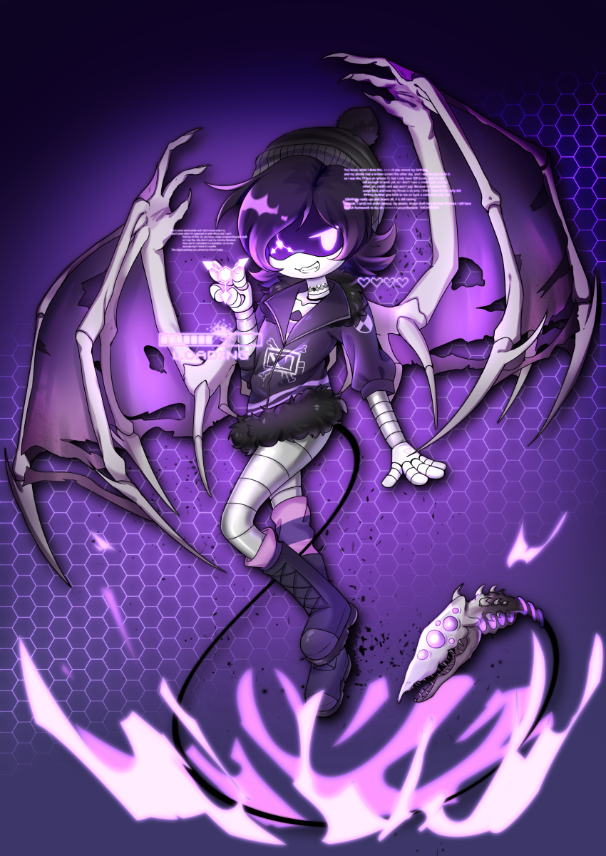 1girl absurdres bat_wings evil_grin evil_smile fur_collar fur_trim grin highres honeycomb_(pattern) honeycomb_background inaba_hitomi looking_at_viewer murder_drones purple_background purple_eyes purple_hair robot smile tail uzi_(murder_drones) wings