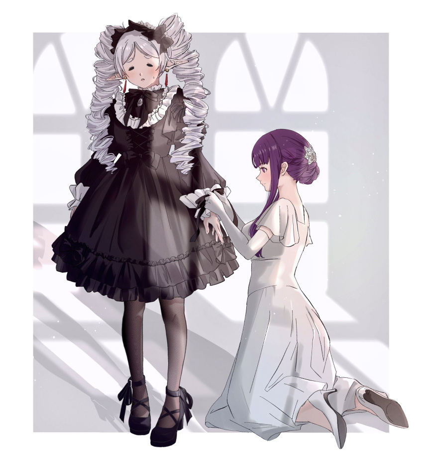 2girls =_= adjusting_another's_clothes alternate_costume alternate_hairstyle black_dress black_pantyhose bonnet boots border commentary_request cross-laced_footwear dangle_earrings dress drill_hair earrings elbow_gloves elf fern_(sousou_no_frieren) formal frieren frilled_dress frills full_body gloves gothic_lolita hair_up high_heels highres jewelry kneeling lace-up_boots lolita_fashion multiple_girls omichi_1219 pantyhose parted_lips pointy_ears profile purple_eyes purple_hair sidelocks smile sousou_no_frieren stiletto_heels twin_drills white_border white_dress white_footwear white_gloves