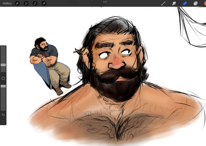 1boy alternate_facial_hair art_program_in_frame bara beard beefflavorchips broad_shoulders brown_hair cropped_torso dungeon_meshi dwarf facial_hair highres long_beard male_focus muscular muscular_male nude pectorals reference_inset senshi_(dungeon_meshi) sideways_glance sketch solo thick_chest_hair thick_mustache very_long_beard