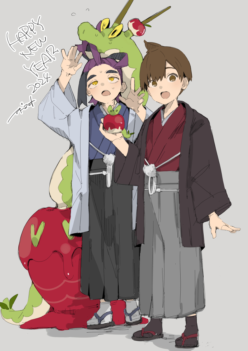 2024 2boys absurdres applin black_hair black_hakama brown_eyes brown_hair florian_(pokemon) full_body grey_background grey_hakama hakama happy_new_year highres holding holding_pokemon hydrapple japanese_clothes kieran_(pokemon) kimono long_sleeves looking_at_viewer makimag male_focus multiple_boys open_mouth orange_eyes pokemon pokemon_(creature) pokemon_sv purple_hair signature simple_background standing sweat wide_sleeves