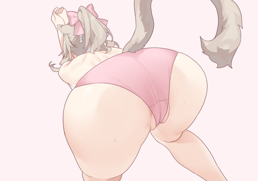 1girl animal_ears ass bow brown_hair cat_ears cat_girl deathalice final_fantasy final_fantasy_xiv from_behind hair_bow highres miqo'te panties pink_background pink_bow pink_panties ponytail short_hair simple_background solo underwear
