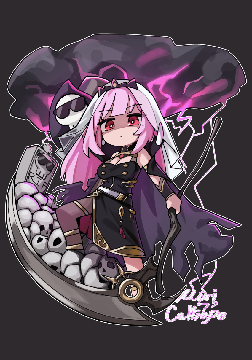 1girl absurdres character_name death-sensei_(mori_calliope) highres holding holding_scythe hololive hololive_english jadea5124 looking_at_viewer mori_calliope mori_calliope_(1st_costume) partially_shaded_face pile_of_skulls pink_hair red_eyes rest_in_peace_(phrase) scythe tiara tombstone virtual_youtuber