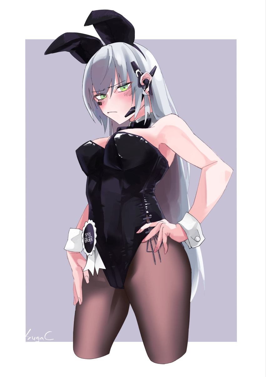 1girl absurdres alternate_costume animal_ears artist_name barcode barcode_tattoo black_bow black_bowtie black_leotard black_pantyhose bow bowtie breasts collar commentary commentary_request cowboy_shot cropped_legs detached_collar earpiece fake_animal_ears gager_(girls'_frontline) girls'_frontline green_eyes grey_background hand_on_own_hip highres inset_border leotard looking_at_viewer pantyhose playboy_bunny rabbit_ears solo sugac tattoo two-tone_background white_background white_collar wrist_cuffs