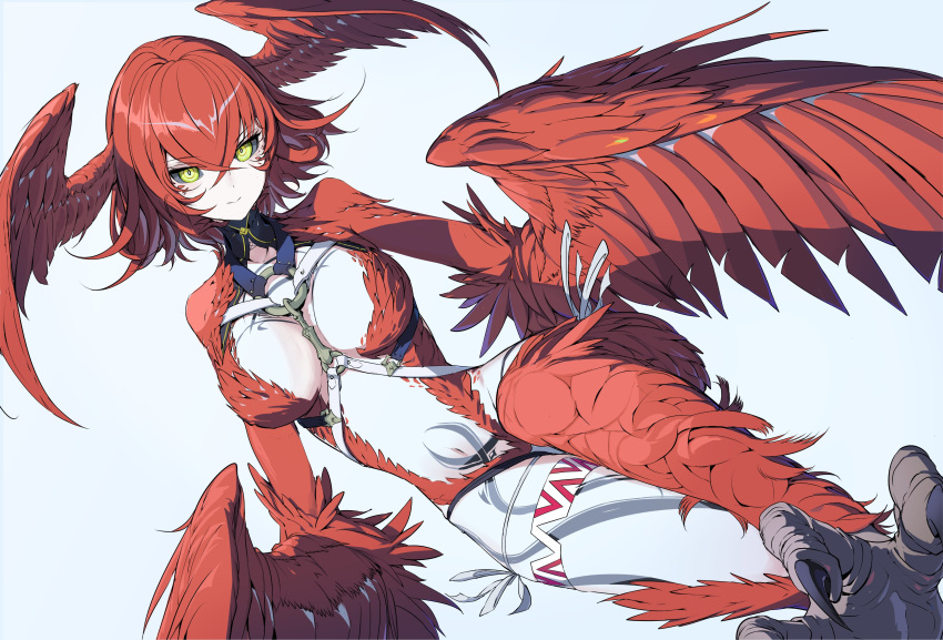 1girl absurdres black_sclera breasts colored_sclera colored_skin commission feathered_wings grey_background harpy head_wings highres looking_at_viewer medium_breasts monster_girl navel original panko_(drive_co) red_hair short_hair skeb_commission solo talons white_skin winged_arms wings yellow_eyes