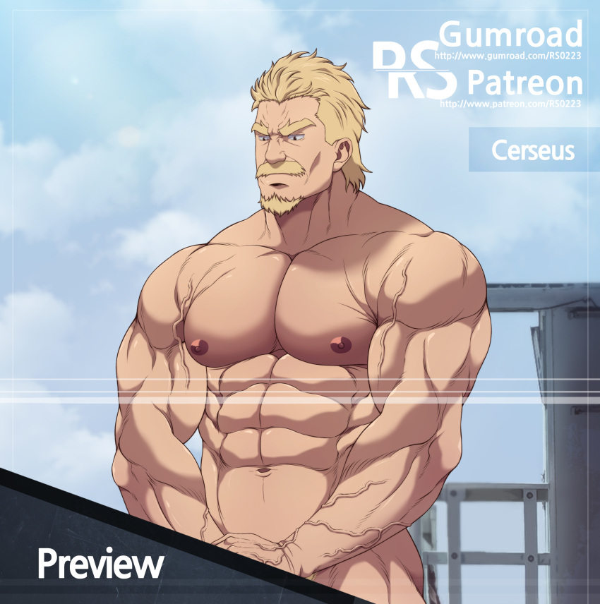 1boy abs bara blue_eyes blue_sky cerseus_(kono_yuusha_ga_ore_tueee_kuse_ni_shinchou_sugiru) completely_nude facial_hair goatee highres kono_yuusha_ga_ore_tueee_kuse_ni_shinchou_sugiru large_pectorals looking_ahead male_focus male_masturbation masturbation mature_male muscular muscular_male navel nipples nude out-of-frame_censoring paid_reward_available pectorals ryans short_hair sky smile solo standing stomach thick_eyebrows thick_mustache thick_thighs thighs veins veiny_arms