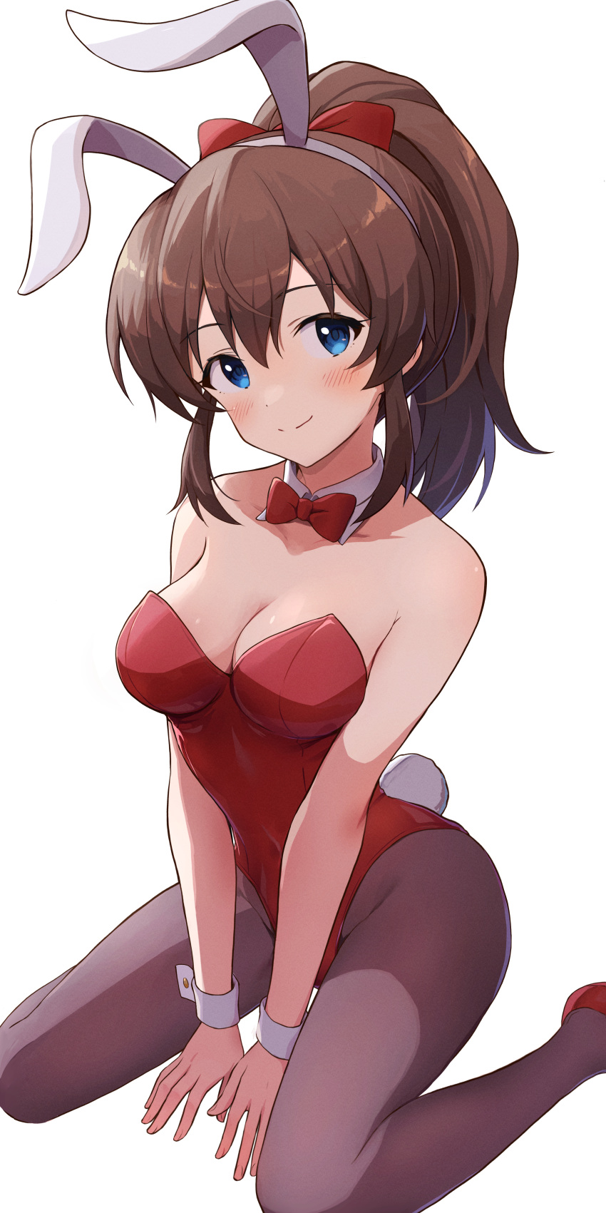 1girl absurdres animal_ears black_pantyhose blue_eyes bow bowtie breasts brown_hair commission detached_collar highres idolmaster idolmaster_million_live! idolmaster_million_live!_theater_days leotard long_hair medium_breasts pantyhose pixiv_commission playboy_bunny ponytail rabbit_ears rabbit_tail red_bow red_bowtie red_leotard satake_minako shuucream_(syuichi) simple_background sitting smile solo strapless strapless_leotard tail wariza white_background wrist_cuffs